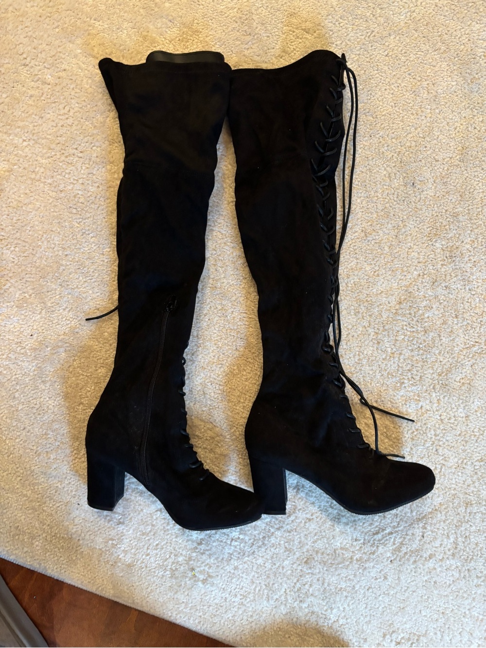 Black Lace-Up Over-the-Knee Heeled Boots